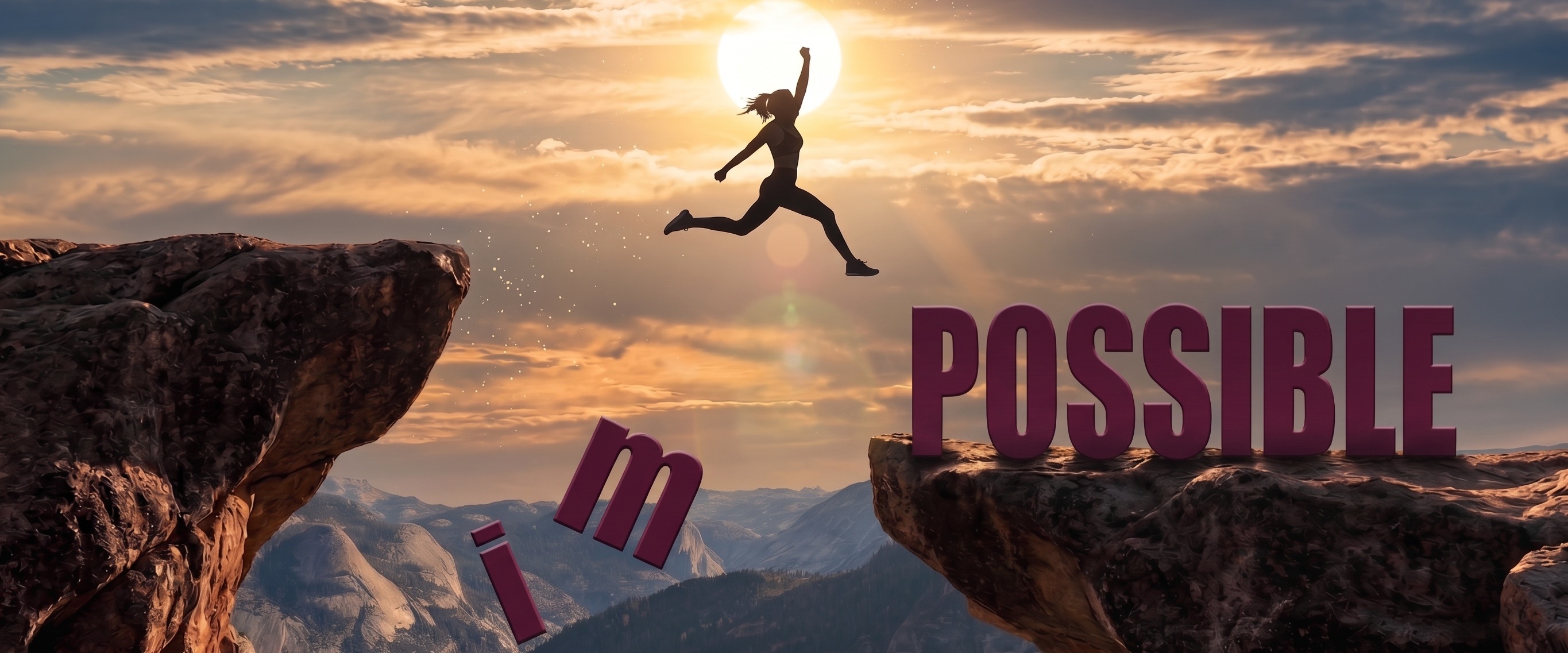 Silhouette of a person leaping across a gap between two clifftops at sunset, as the letters i and m fall away from the word POSSIBLE